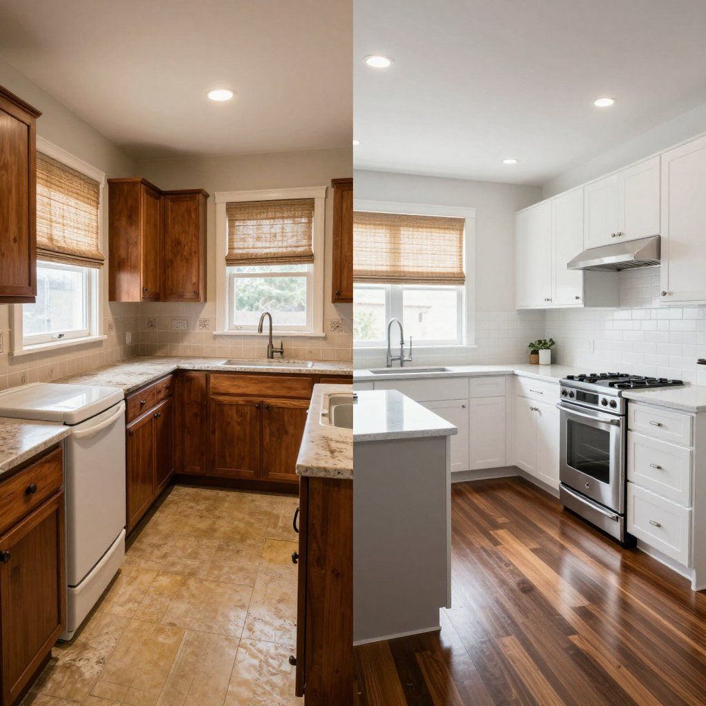 Split photo: kitchen before and after renovation. Original: wood cabinets, tan floor, white appliances. After: white cabinets, wood floor, stainless steel appliances.