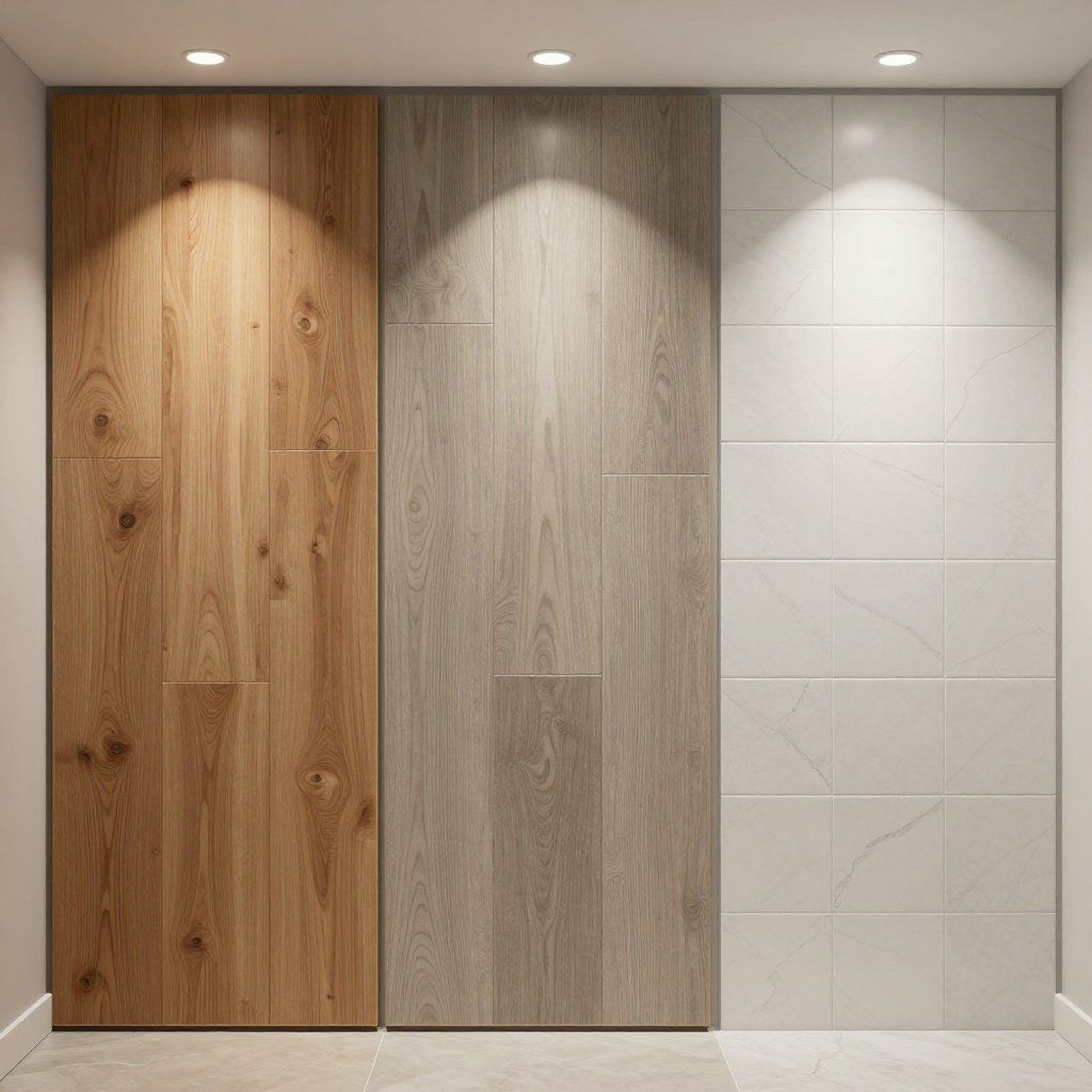 Wooden and tiled wall panels illuminated by recessed lights.