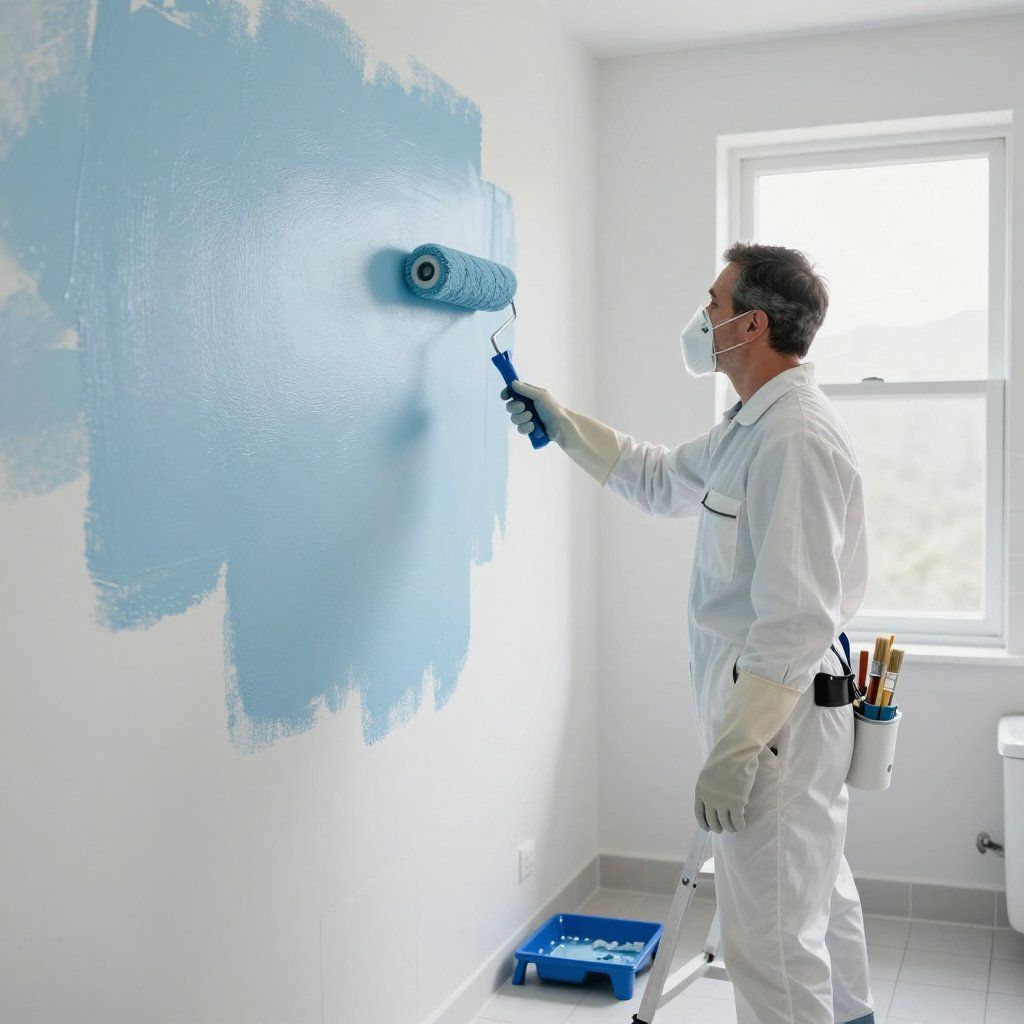 Painter in white coveralls, using a paint roller on a light blue wall, in a room with a window.