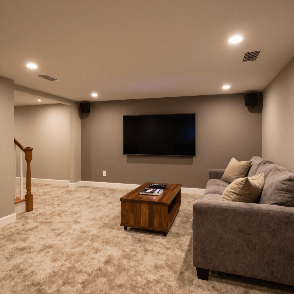 Living room with gray couch, wooden coffee table, large TV, and beige carpet.