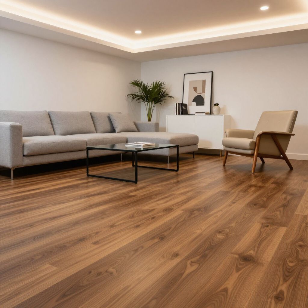 Living room with wood flooring, grey sectional sofa, and armchair.