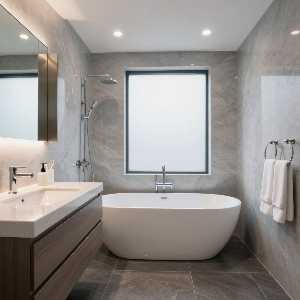 Modern bathroom with a bathtub, sink, window, and gray tiled walls.