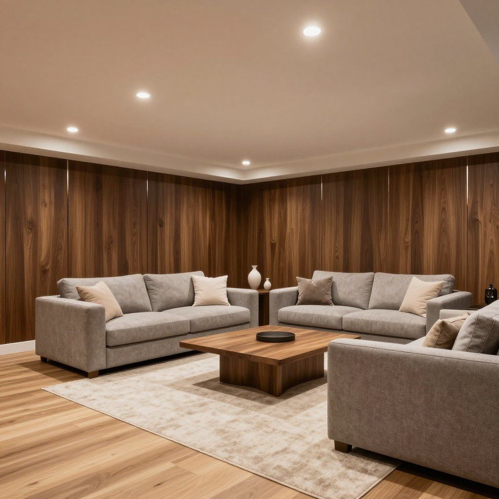 Living room with three gray sofas, wooden walls, a coffee table, and area rug.