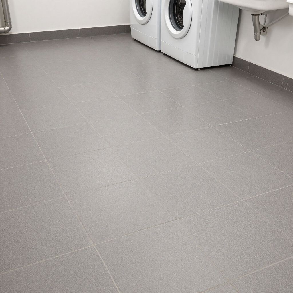Gray tiled laundry room with two washing machines and a sink.