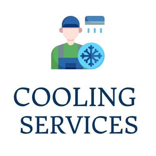 a logo for cooling services with a man holding a snowflake and an air conditioner .