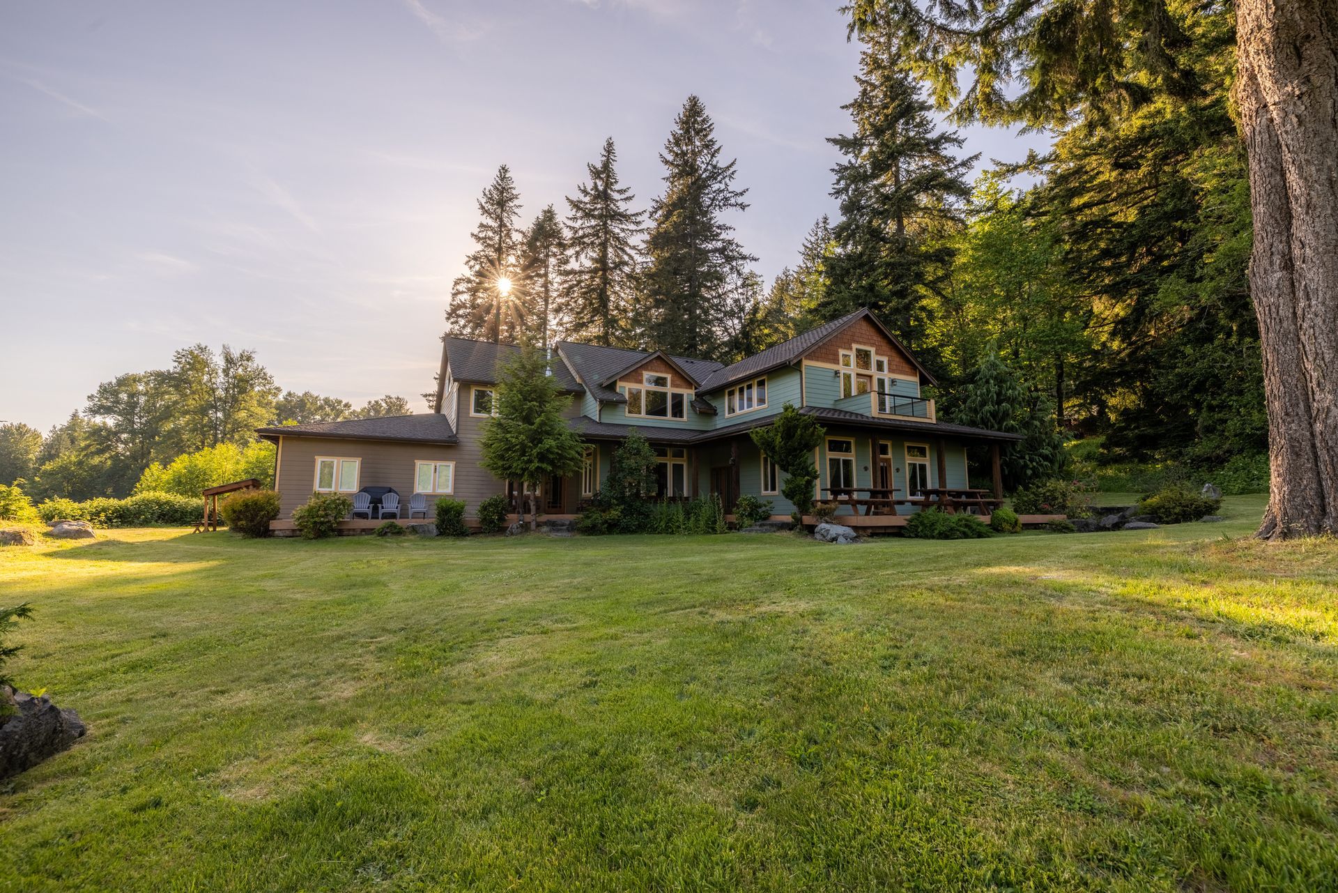 A large green house with a porch in the middle of a forest.