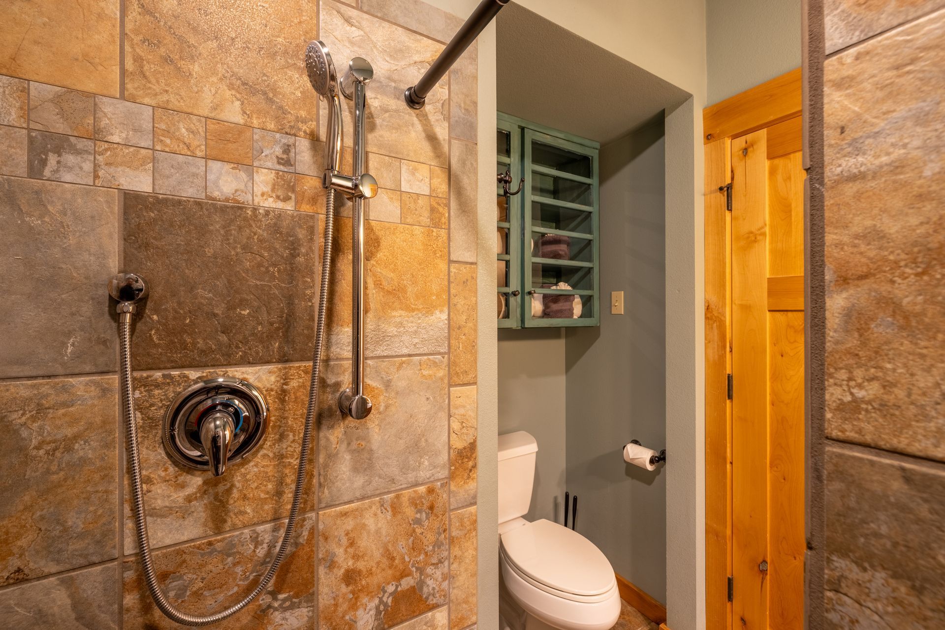 Bathroom with a tiled shower and toilet. Wooden door and small, built-in cabinet with toiletries.
