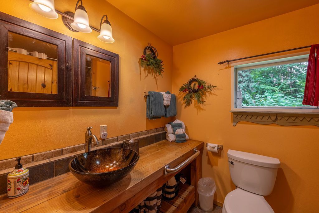 A bathroom with orange walls, a wooden countertop and sink, a toilet, and a window with a view of greenery.