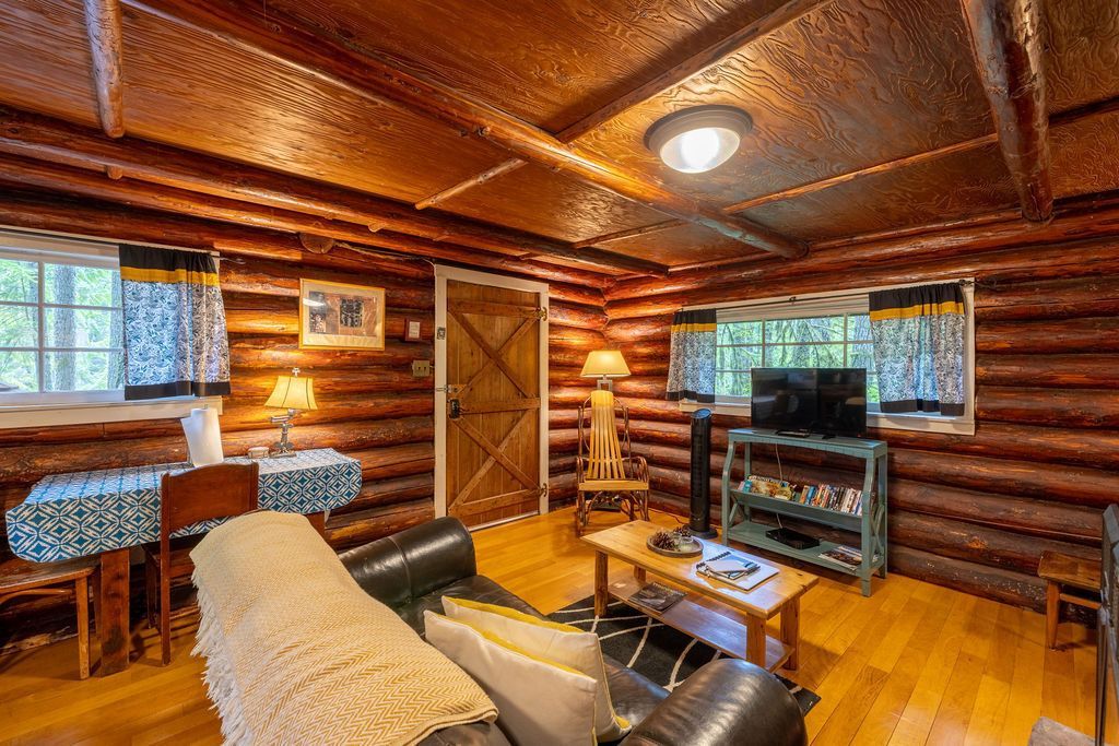 Cozy cabin interior with wood-paneled walls and ceiling. Features include a leather couch, TV, windows, and rustic furniture.