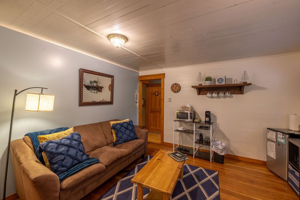 Living room with a brown sofa, blue pillows, and a wooden coffee table on a patterned rug.