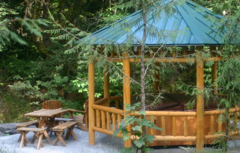 A gazebo with a blue roof and a table and chairs in the woods.