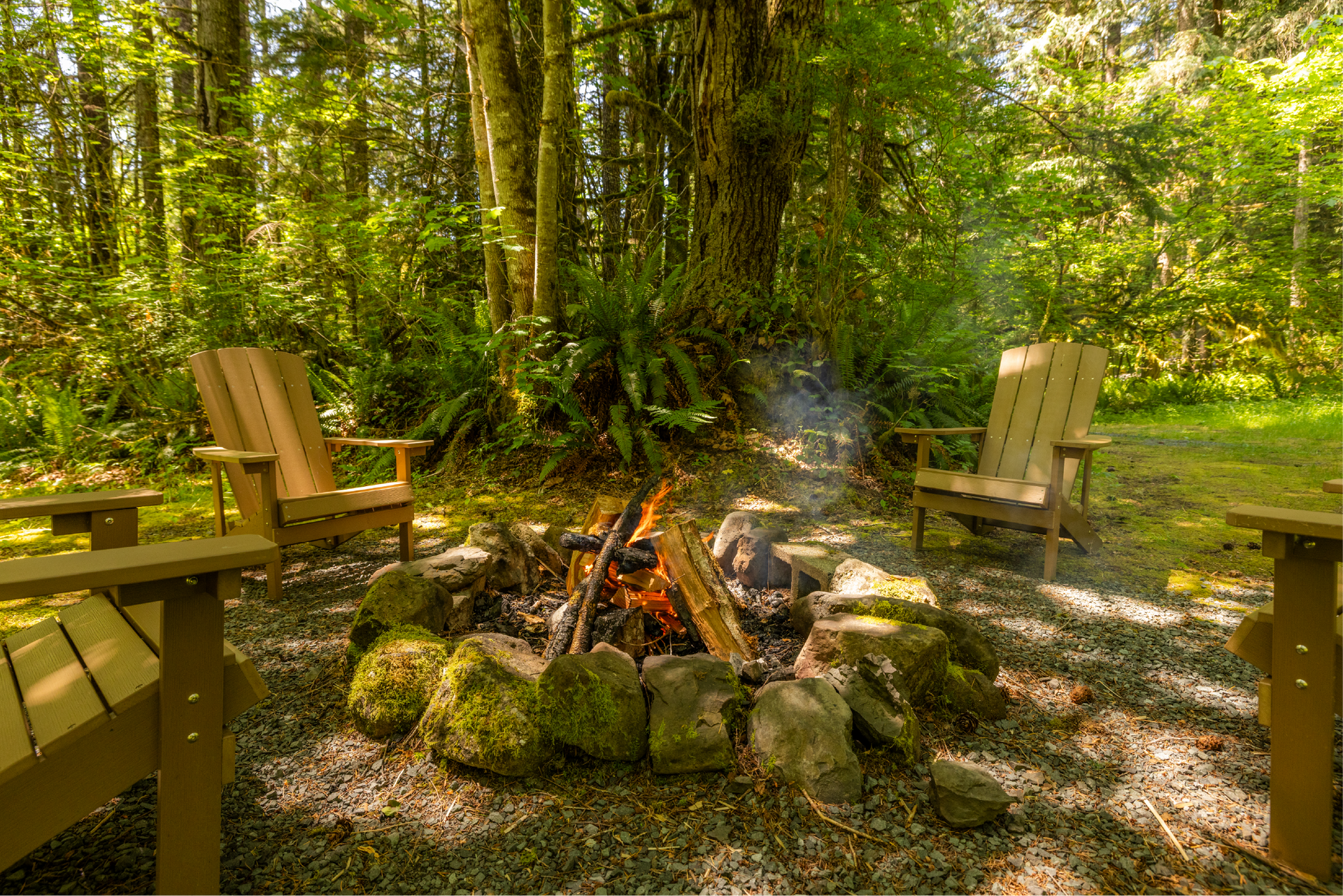 A campfire surrounded by mossy rocks and wooden chairs in a forest clearing.