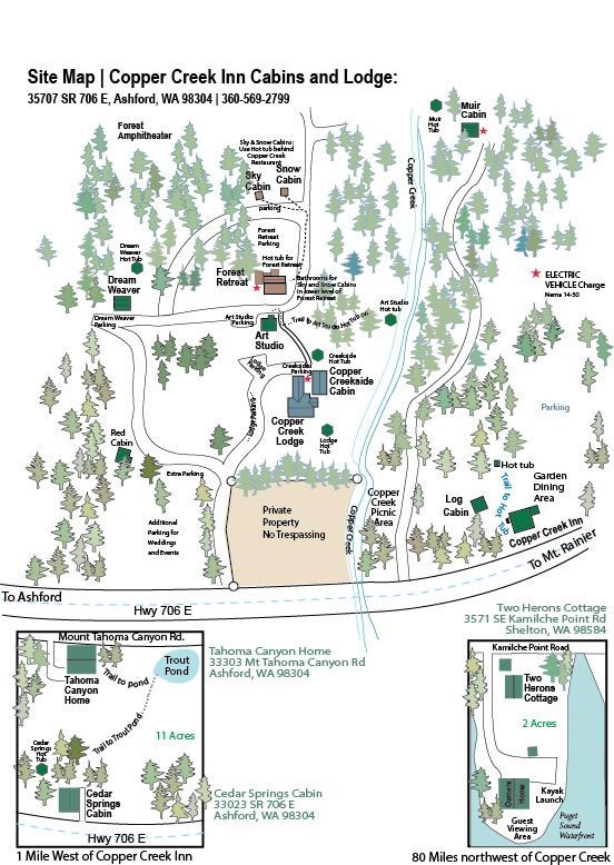 A map of copper creek inn cabins and lodge.