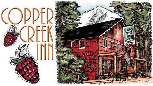 A copper creek inn logo with a drawing of a red building