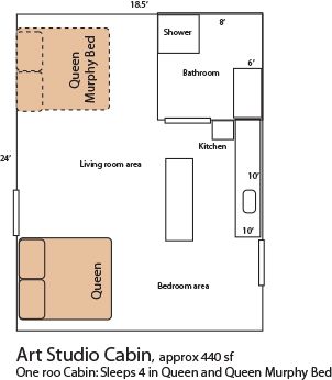 A floor plan of an art studio cabin with a queen murphy bed