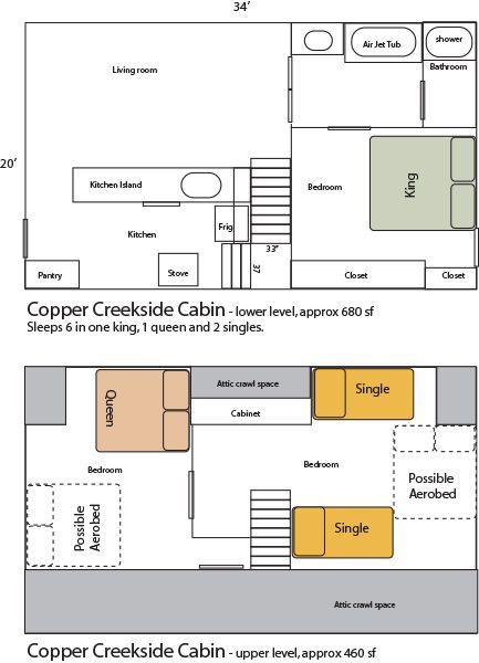 A floor plan of a copper creekside cabin