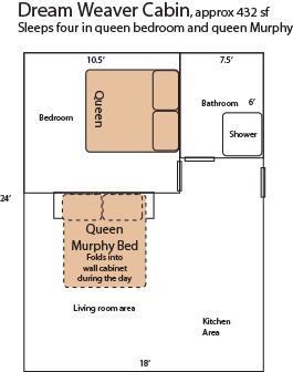 A floor plan of a dream weaver cabin with a queen murphy bed