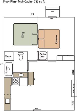 A floor plan of a small cabin with a king size bed and a queen size bed.