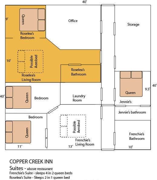 A floor plan of copper creek inn showing the rooms