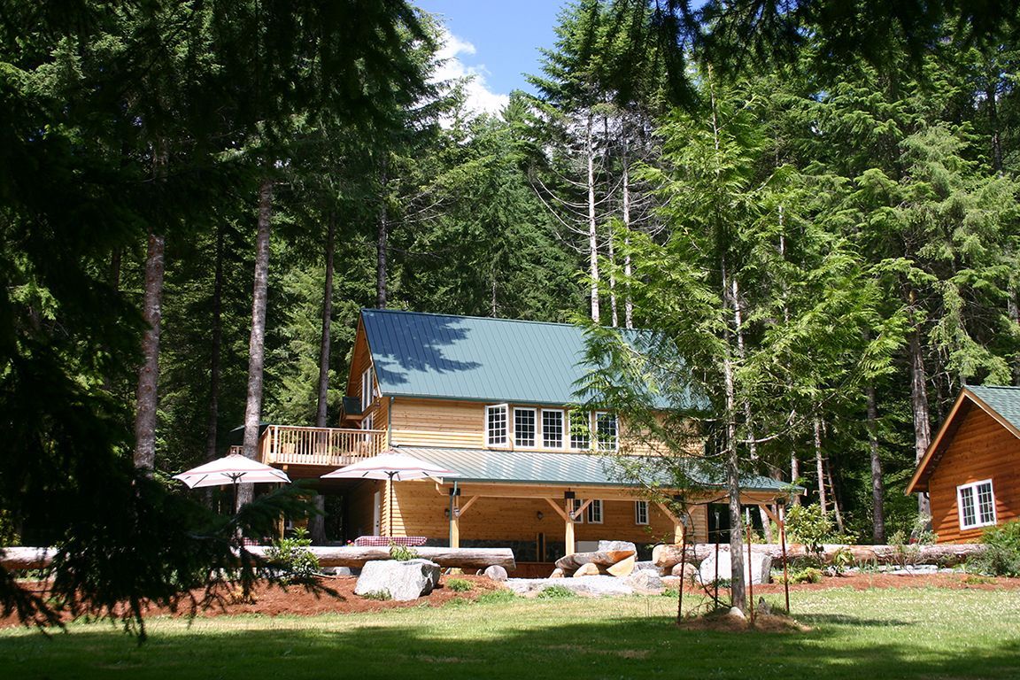 A large house with a green roof is surrounded by trees.