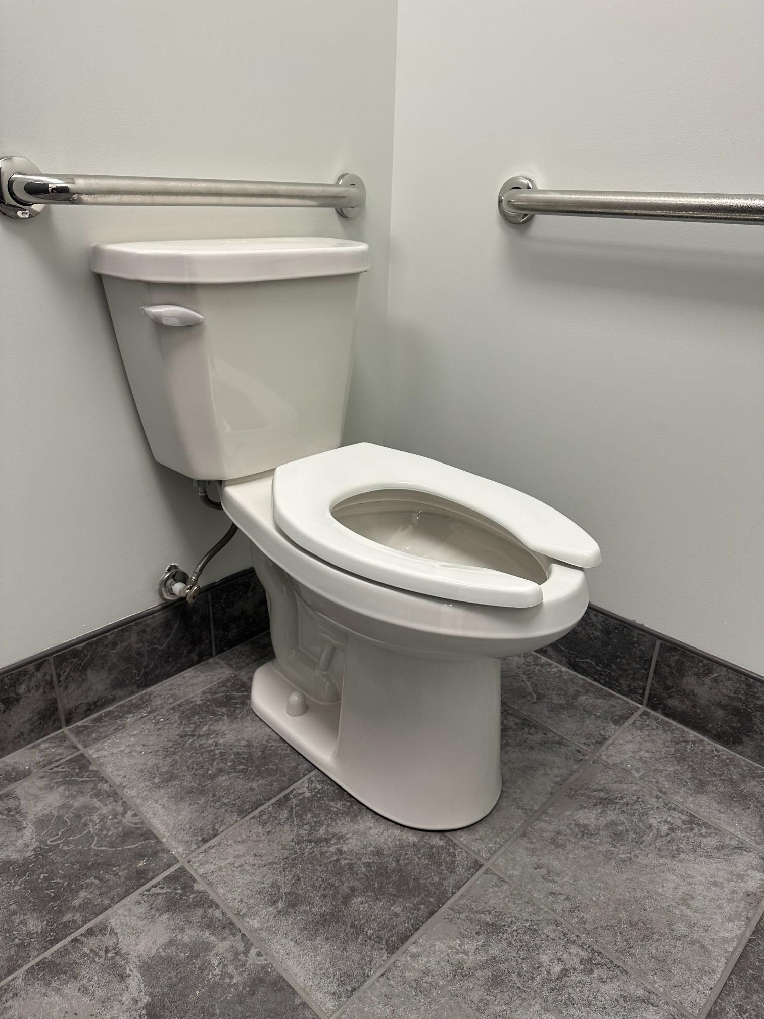 White toilet with an open seat in a corner, accessible with grab bars on the wall.