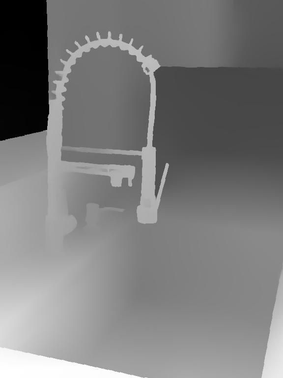 Grayscale depth map of a kitchen faucet, showing its shape and distance from the camera.