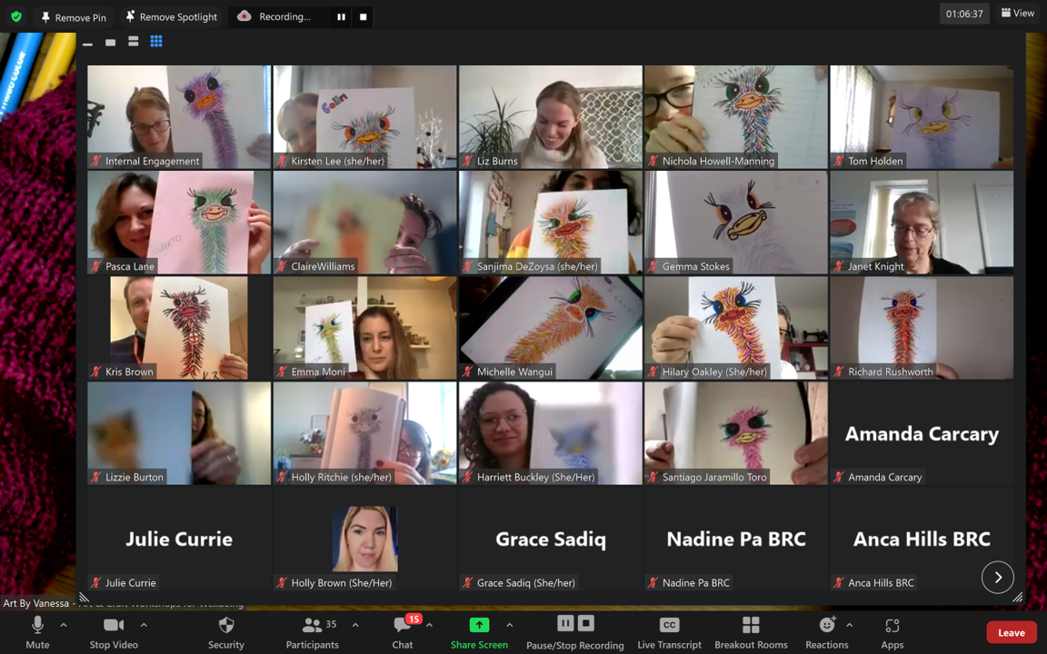 Team doing an online drawing workshop for corporate wellbeing