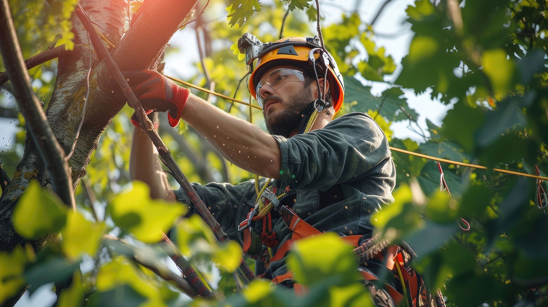 Arborist in a tree, wearing safety gear, cutting branches with a saw.