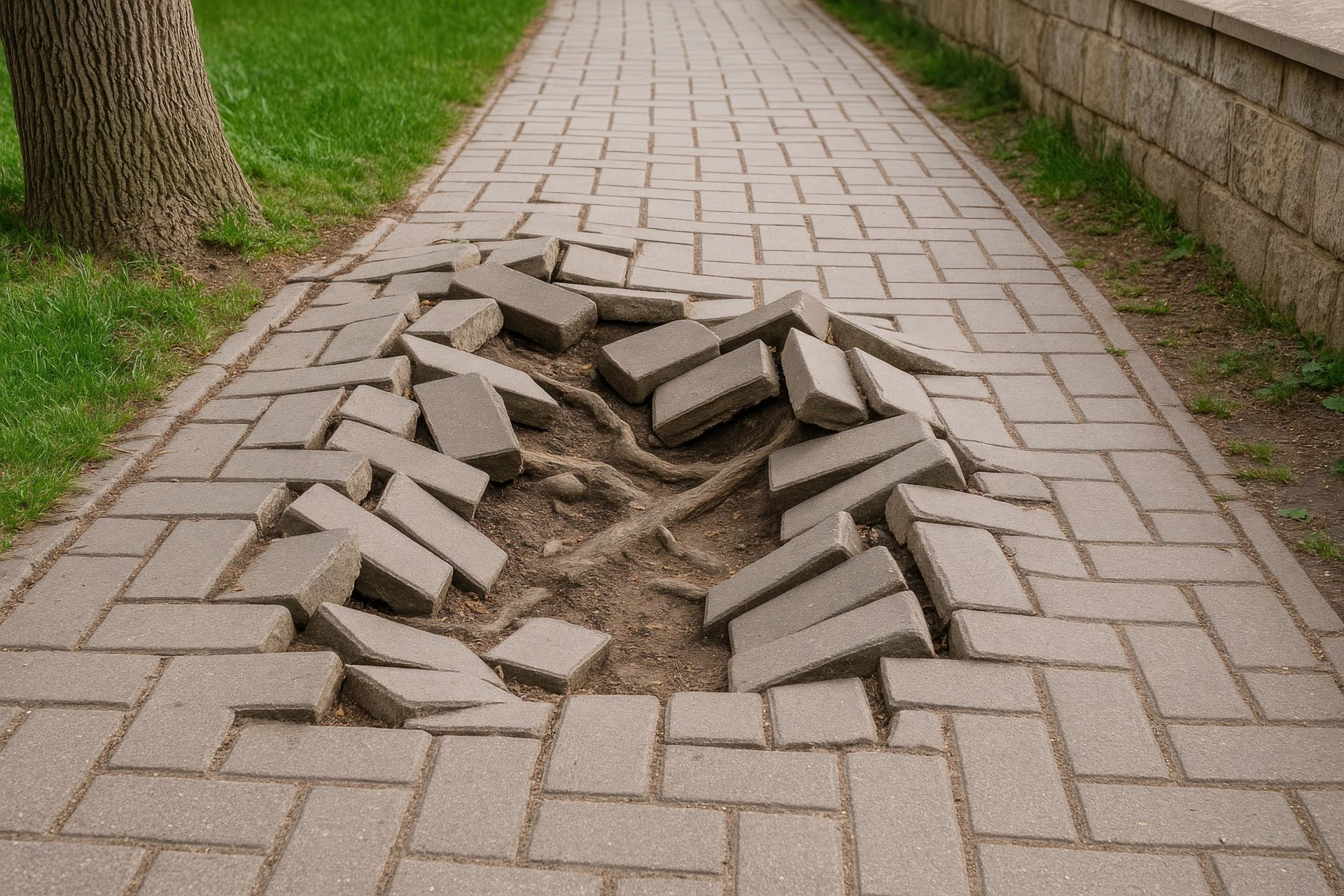 Damaged brick walkway with a large hole and displaced bricks; roots visible.