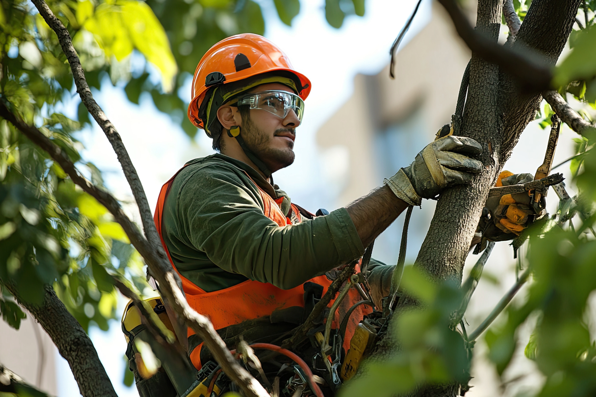 Arborist in orange helmet and safety vest, trimming tree branches with a chainsaw.