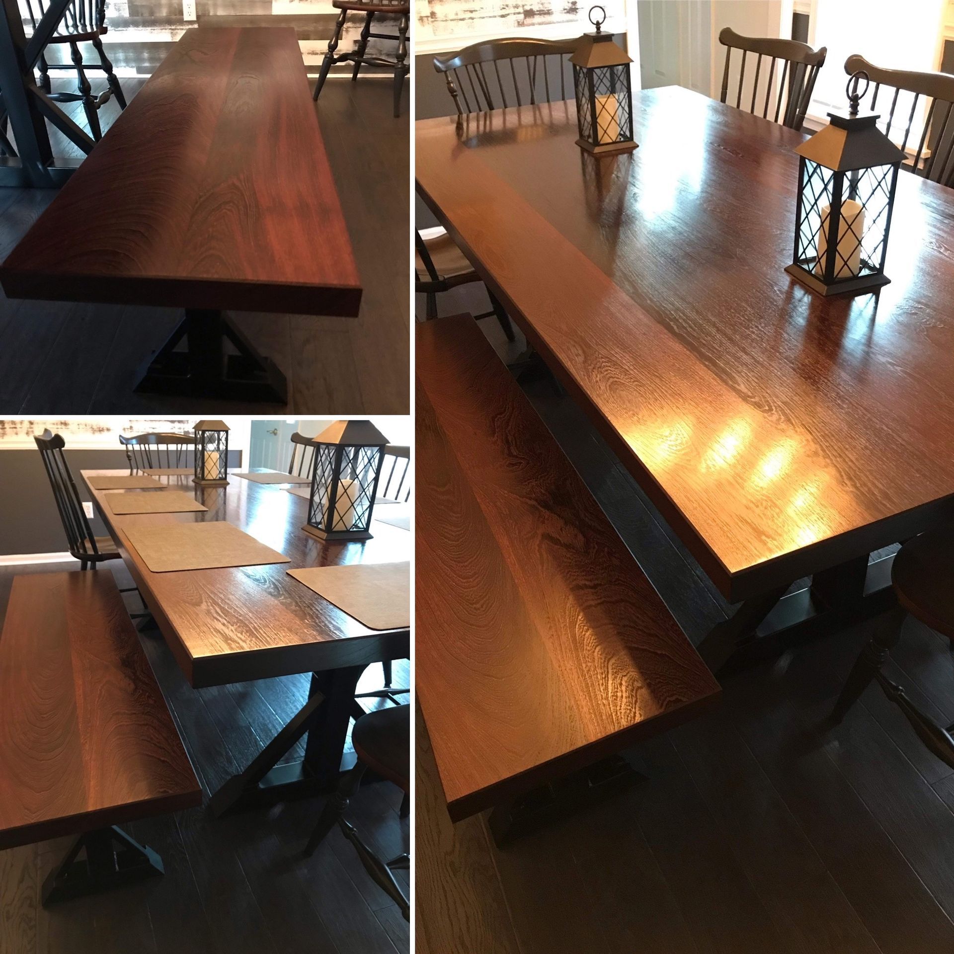 A dining room table with a bench and lanterns on it