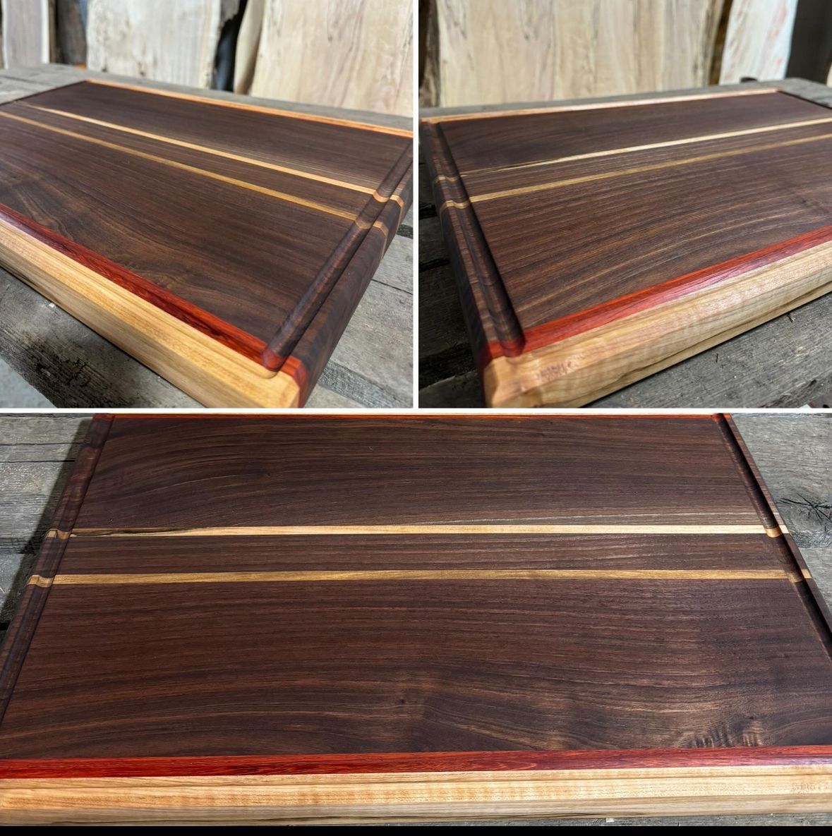A wooden cutting board with a red and gold stripe on it is sitting on a wooden table.