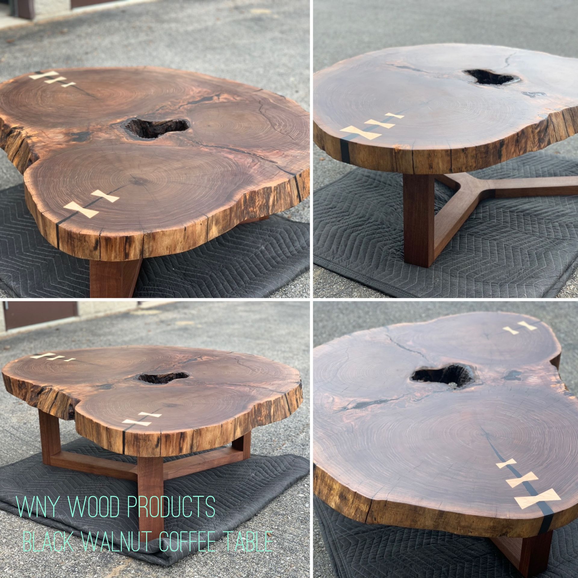 A collage of four pictures of a wooden coffee table