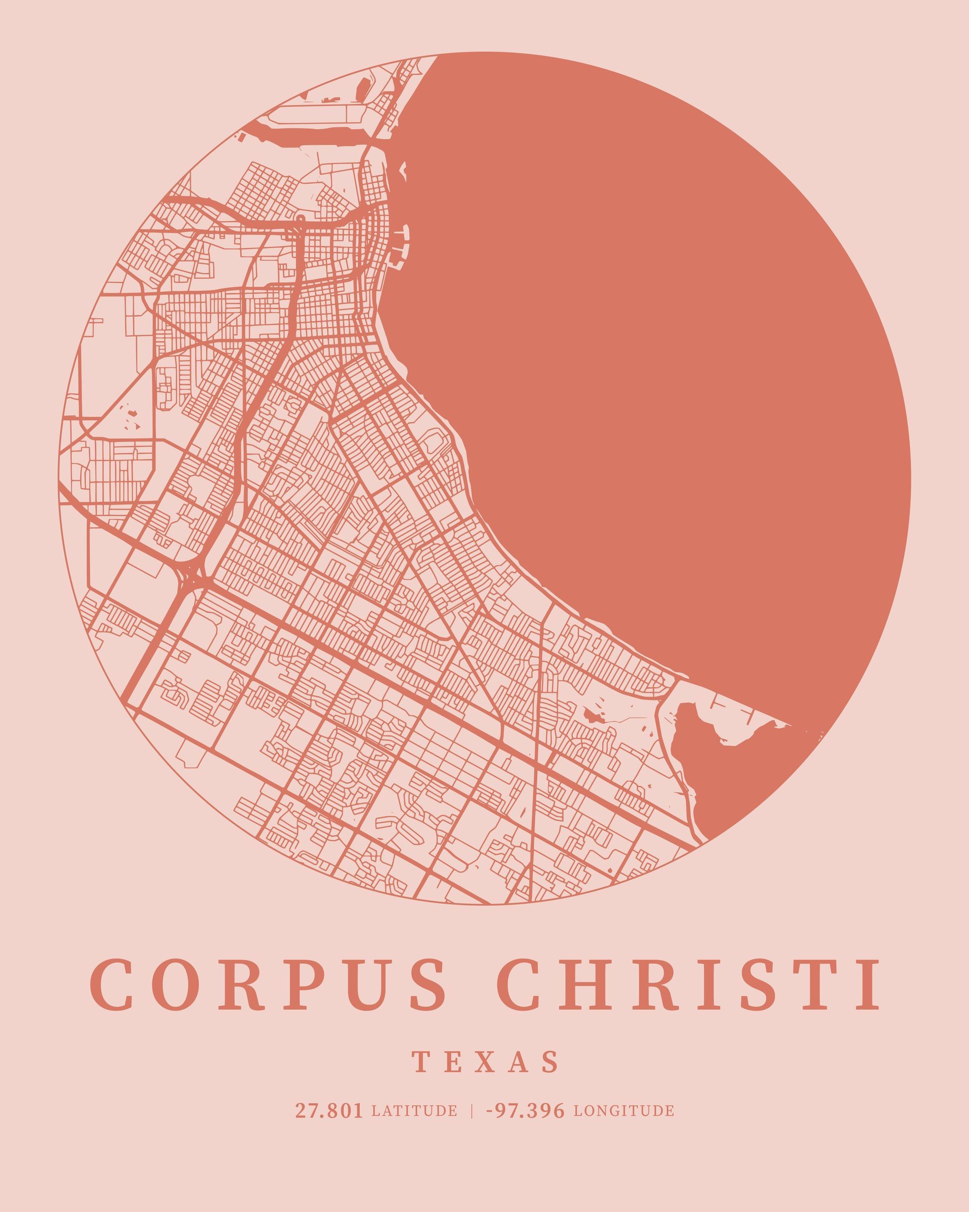 Map of Corpus Christi, Texas, in coral and light pink, within a circular design.