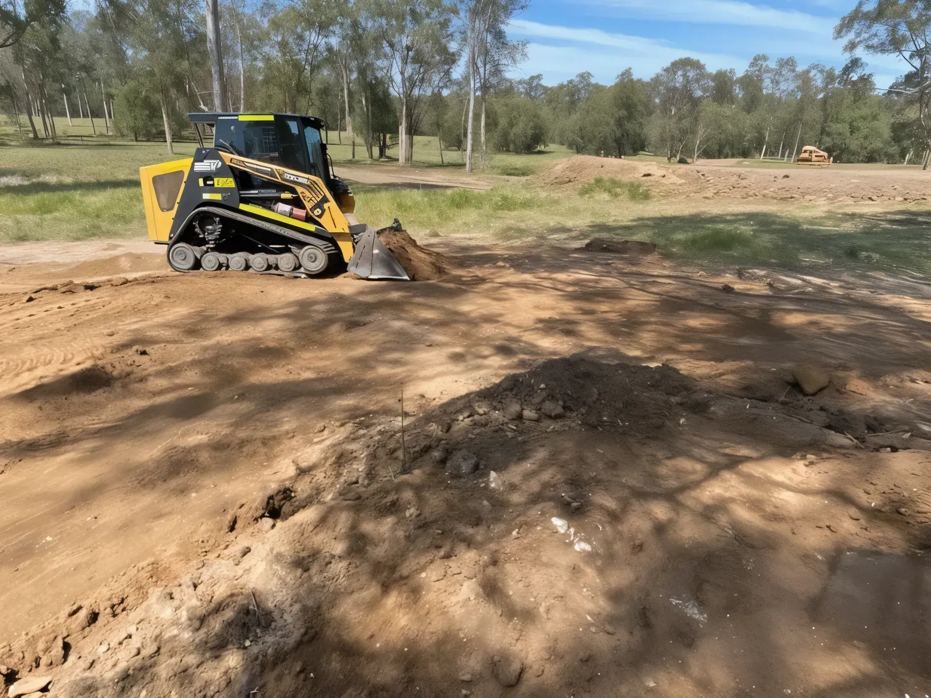 Two Yellow Skid Steer Loaders With Raised Buckets — Damon's Earthworks in Chatsworth, QLD