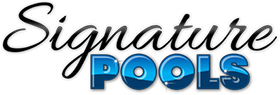 Logo for Signature Pools, featuring cursive