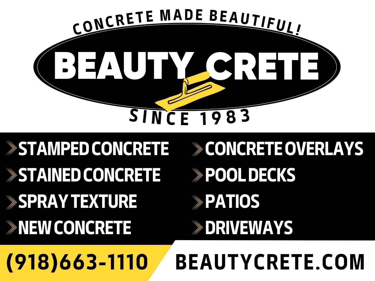 Advertisement for Beauty Crete, a concrete service company, with a logo, services listed, and contact information.