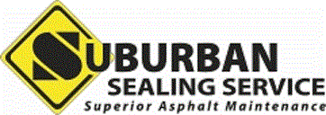 Logo for Suburban Sealing Service, black letters on white, yellow diamond with black