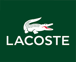 Lacoste logo: White crocodile over the brand name in white text on a dark green background.