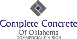 Complete Concrete of Oklahoma logo. Gray diamond and dark blue square icon above blue text.