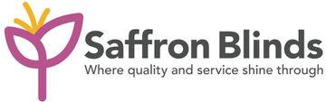 a pink yellow and grey logo for saffron blinds where quality and service shine through .