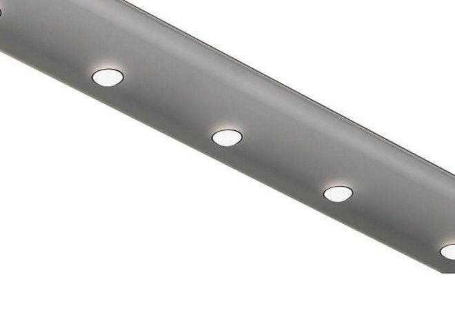 A close up of a gray pipe with holes in it on a white background.