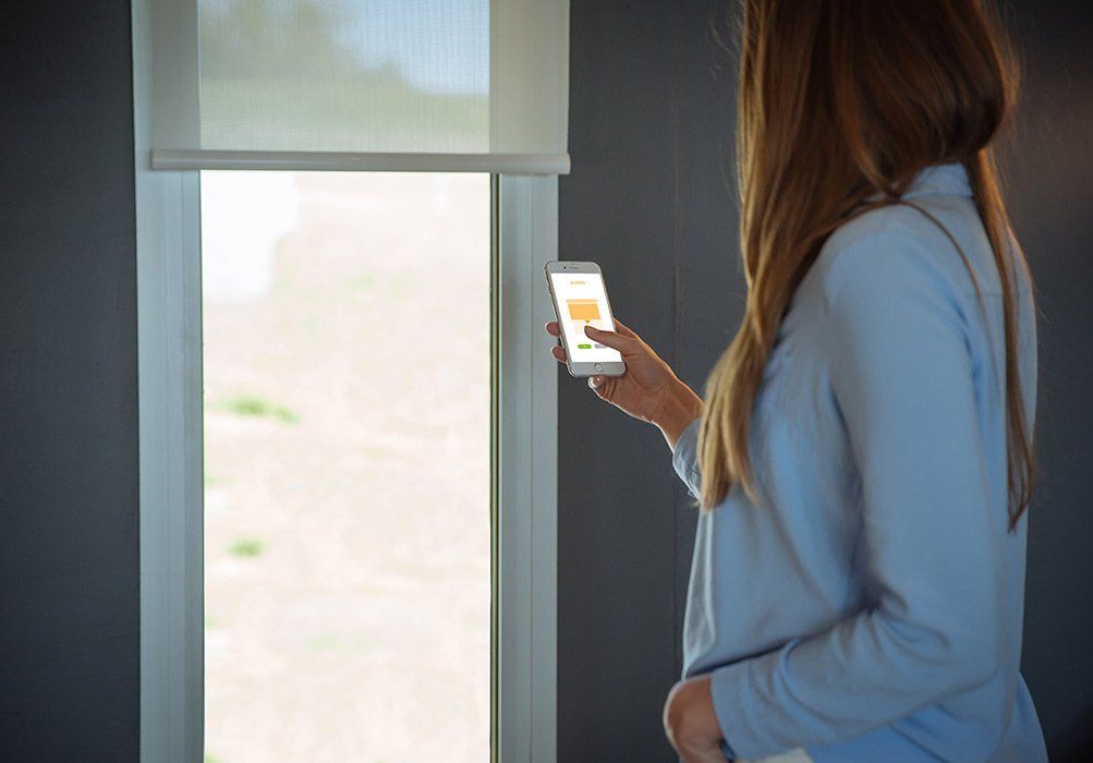 A woman is standing in front of a window holding a cell phone.