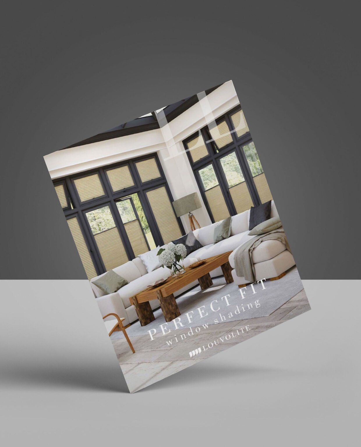 A brochure for a living room with a couch and a coffee table.