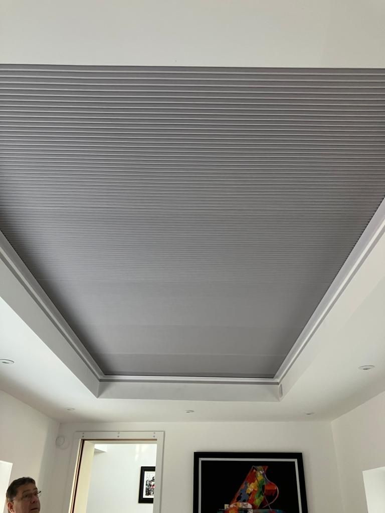 A man is standing in front of a ceiling with blinds on it.