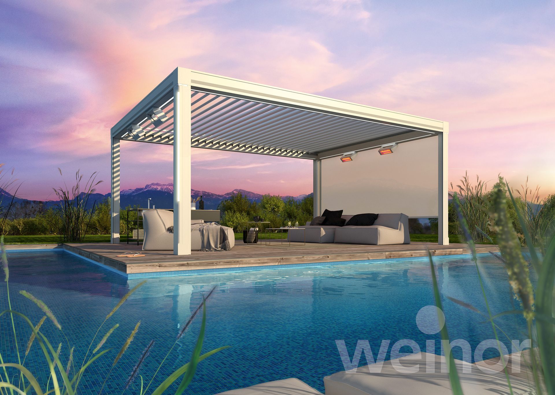A white pergola is sitting next to a swimming pool.