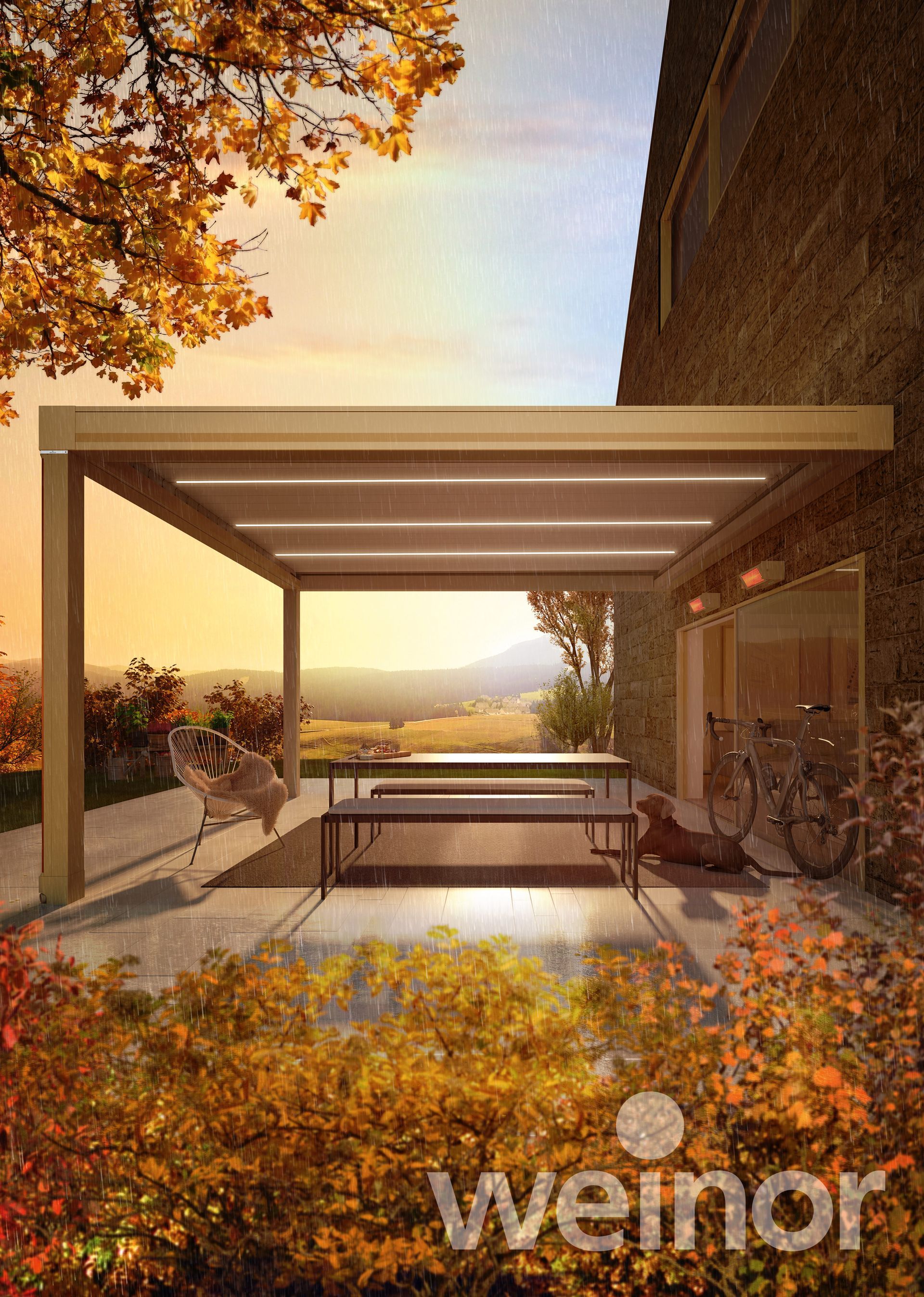 A patio with a table and bench under a pergola.