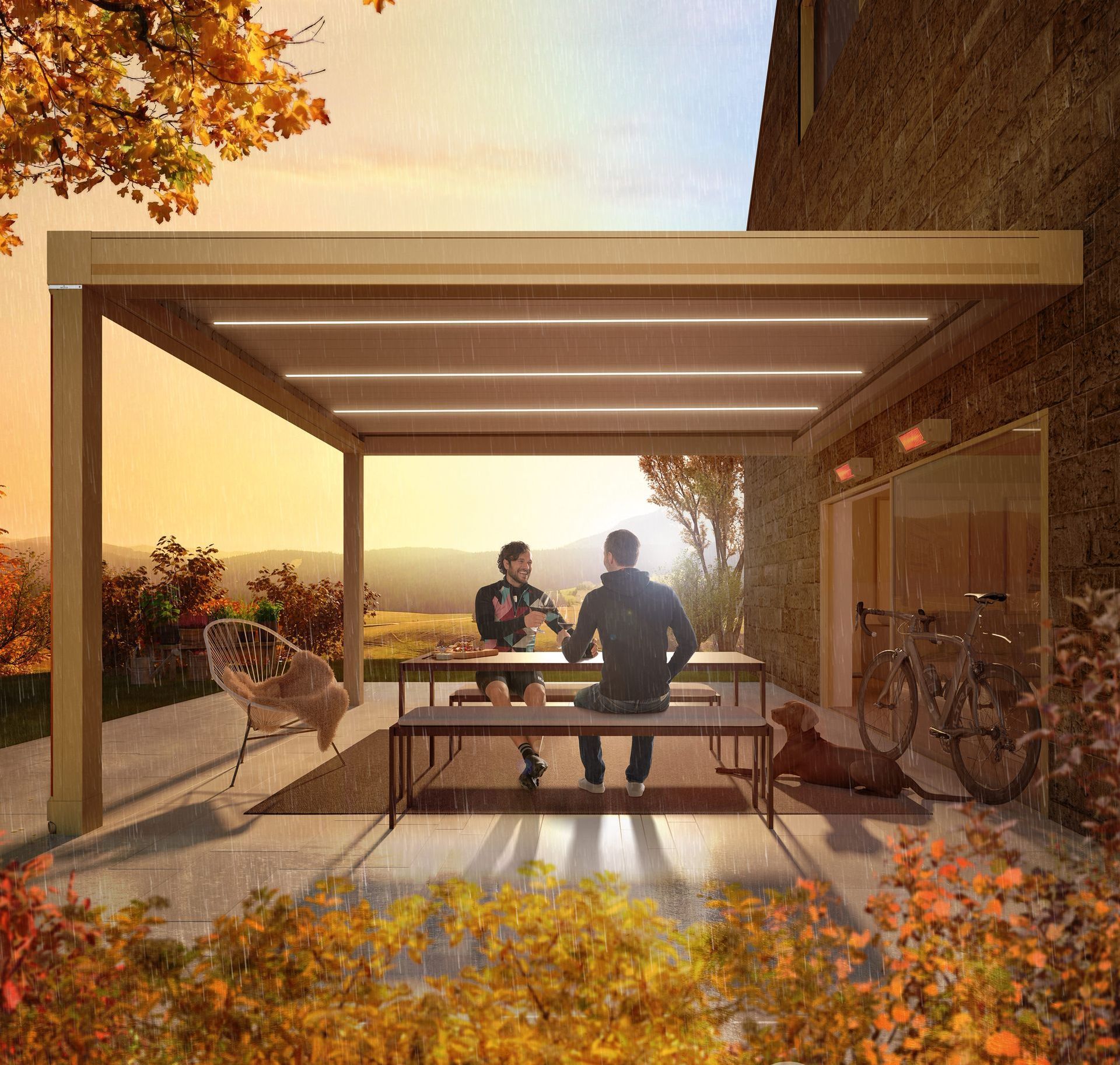 A man and woman are sitting at a table under a pergola.