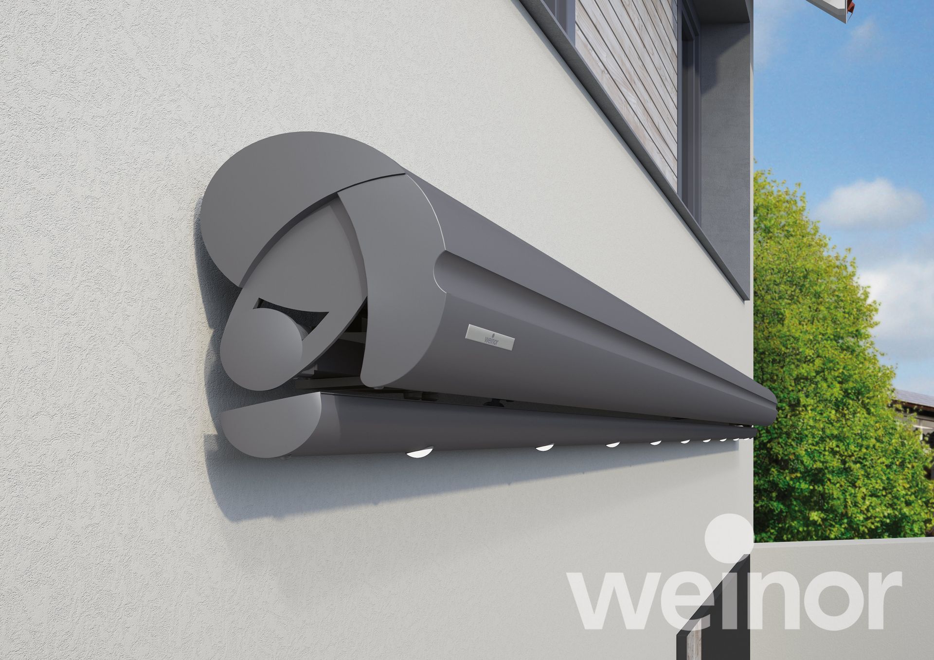 A weinor awning is attached to the side of a building