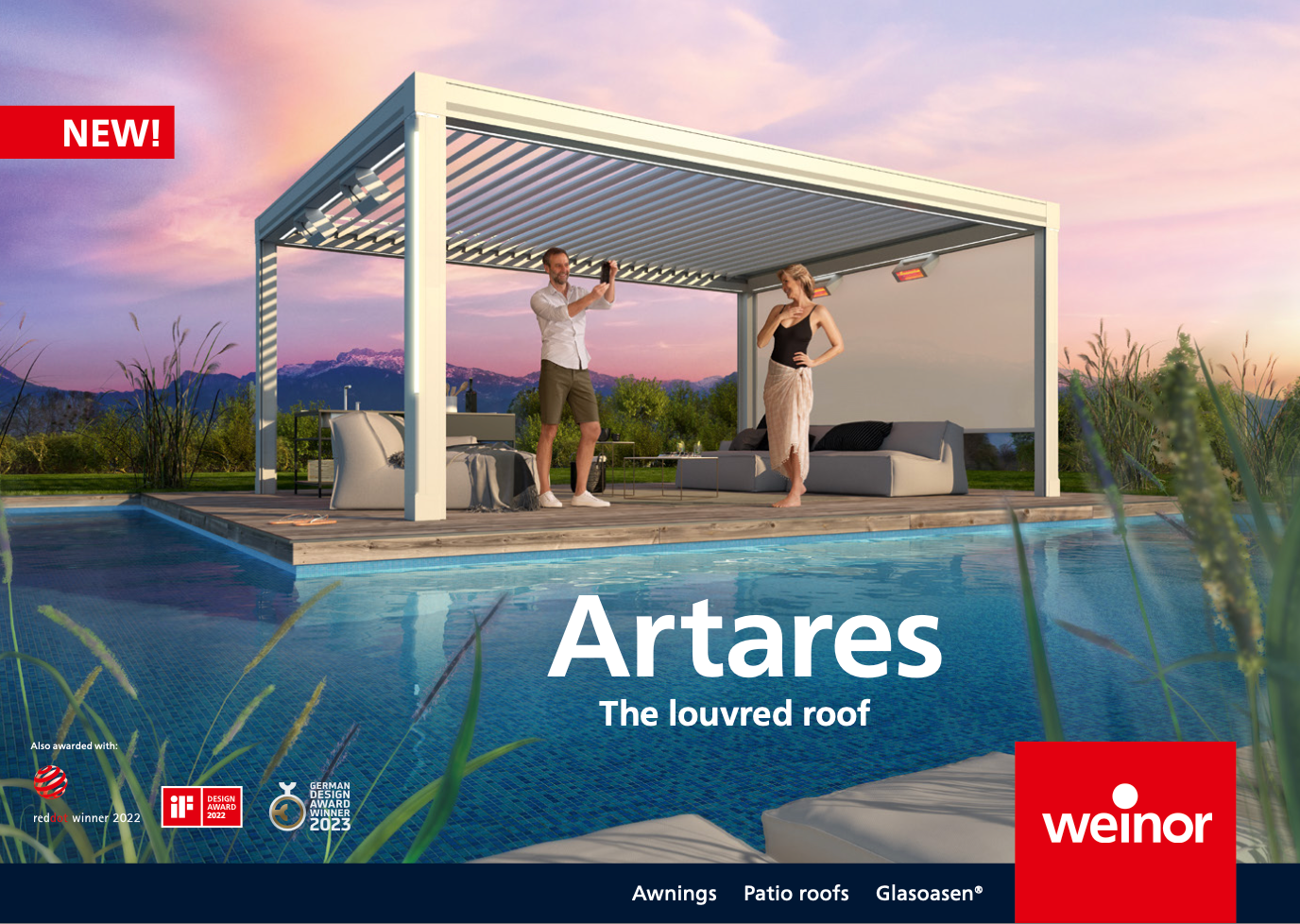 A man and a woman are standing under a pergola next to a pool.